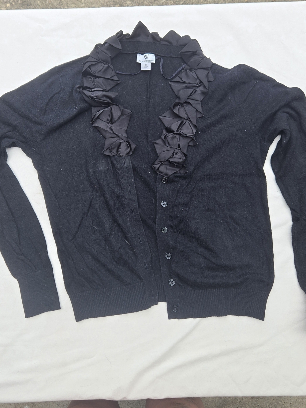 Worthington Black Ruffle-Trim Button Cardigan